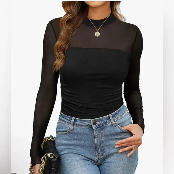 Elegant Black Sheer Long Sleeve Top - Picture 2 of 6